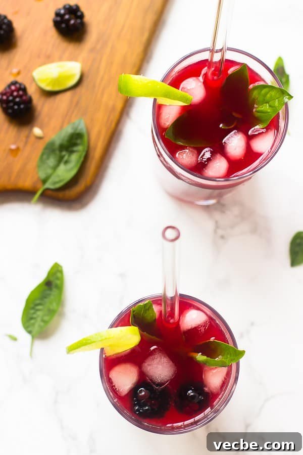Homemade Blackberry Limeade Recipe with 5 Ingredients 4 Top down shot of blackberry limeade in two glasses.