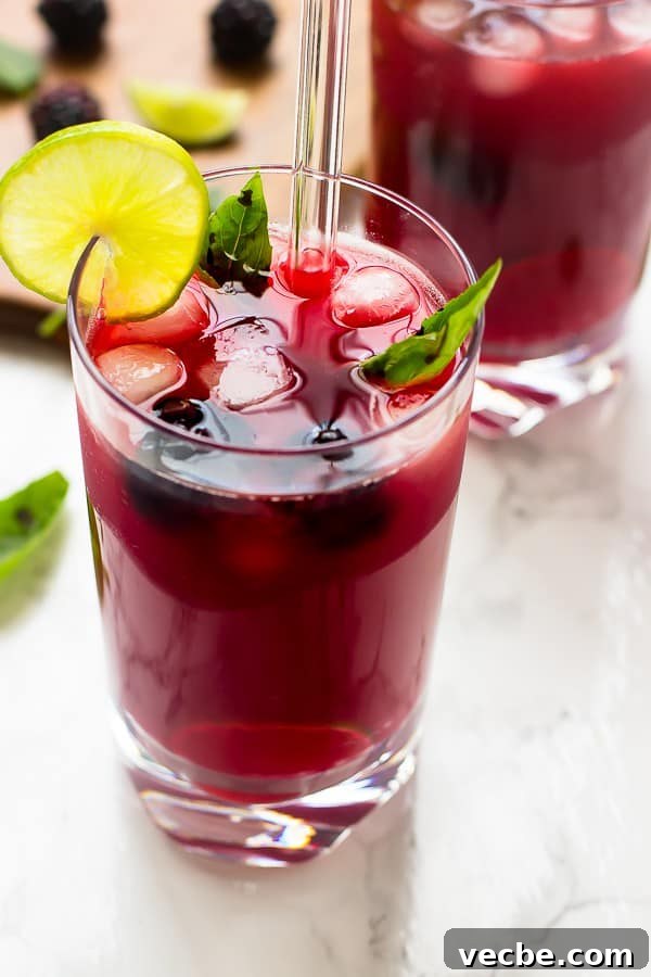 Homemade Blackberry Limeade Recipe with 5 Ingredients 5 Close up of blackberry limeade in a glass with a straw.