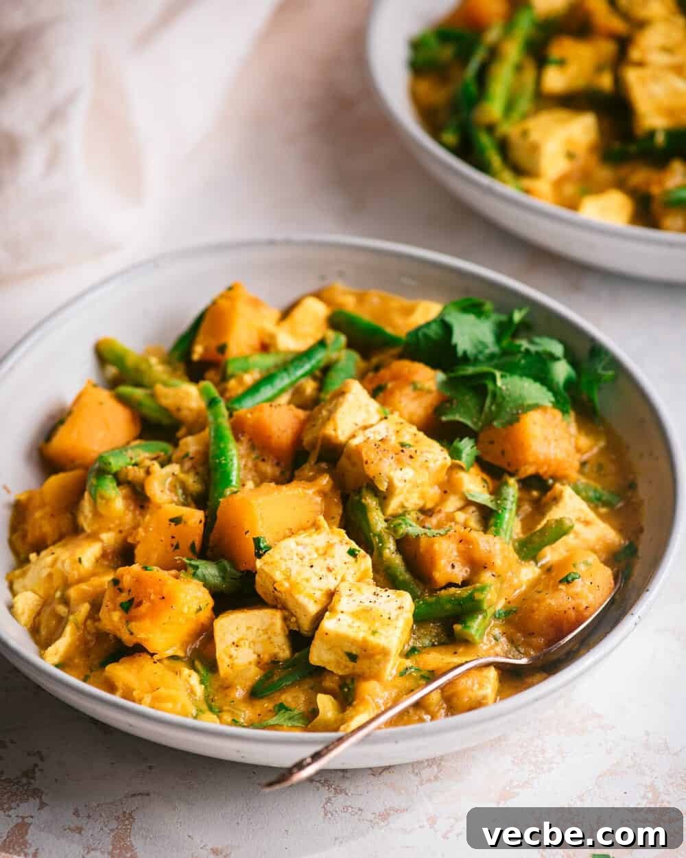 Creamy Vegan Pumpkin Curry with Crispy Tofu 2 bowl of pumpkin tofu curry on a table.