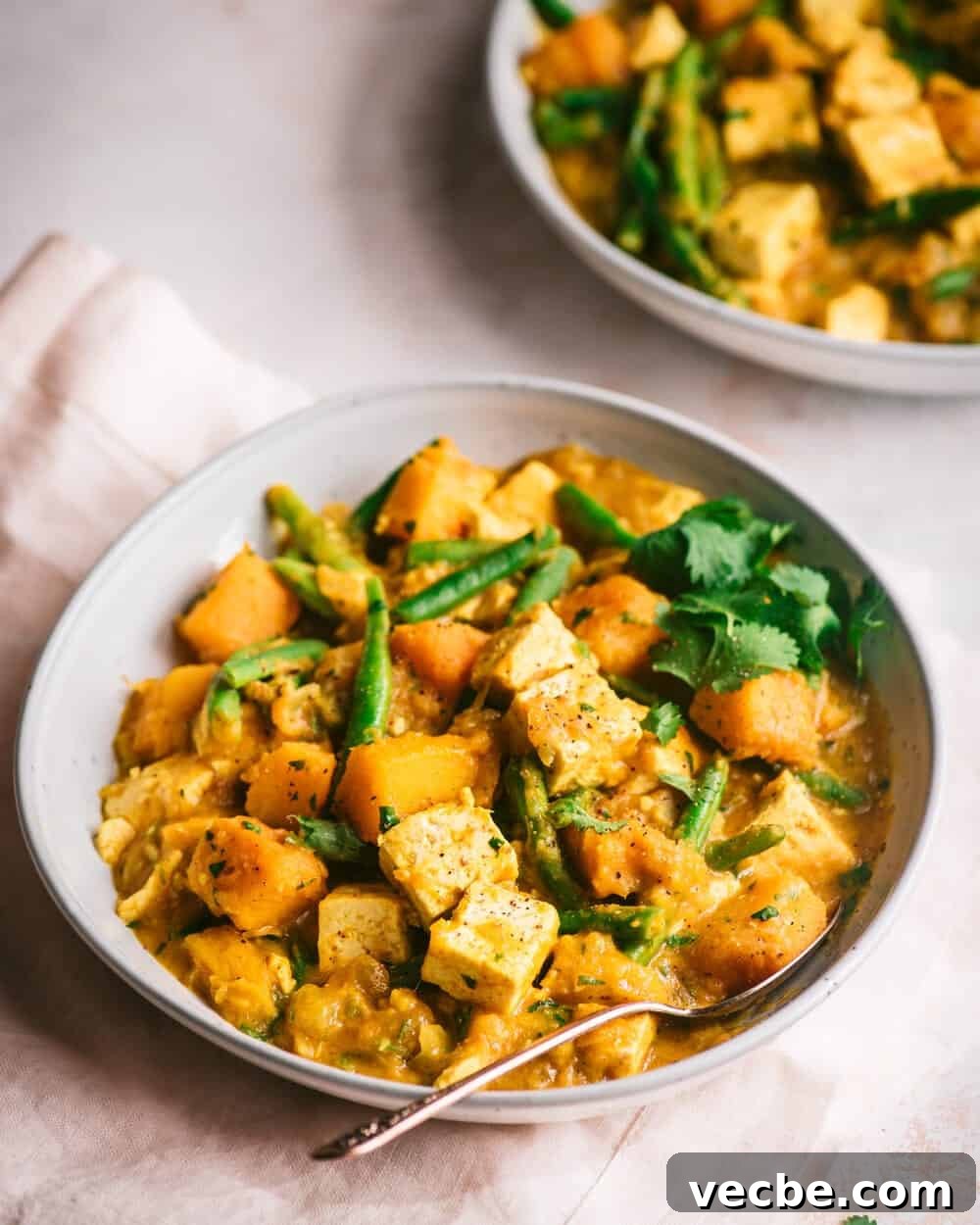Creamy Vegan Pumpkin Curry with Crispy Tofu 21 bowl of pumpkin tofu curry on a table.