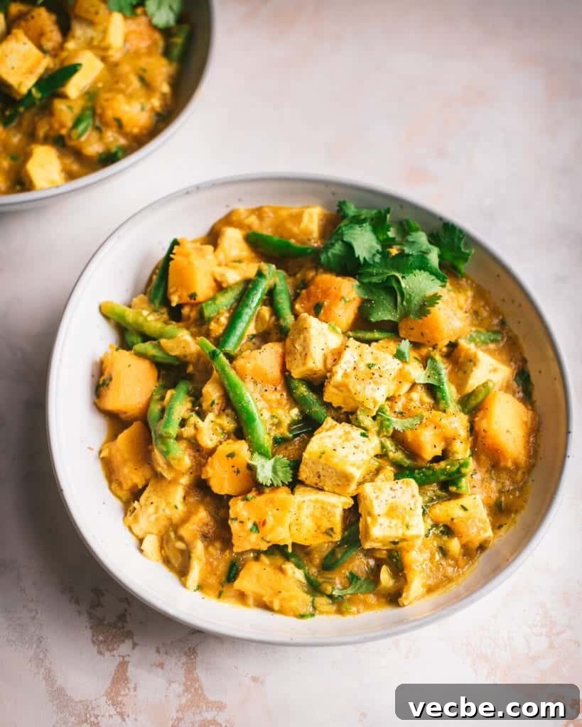 Creamy Vegan Pumpkin Curry with Crispy Tofu 22 pumpkin tofu curry served in a bowl