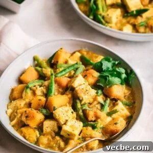 Creamy Vegan Pumpkin Curry with Crispy Tofu 23 pumpkin curry with tofu in a bowl.