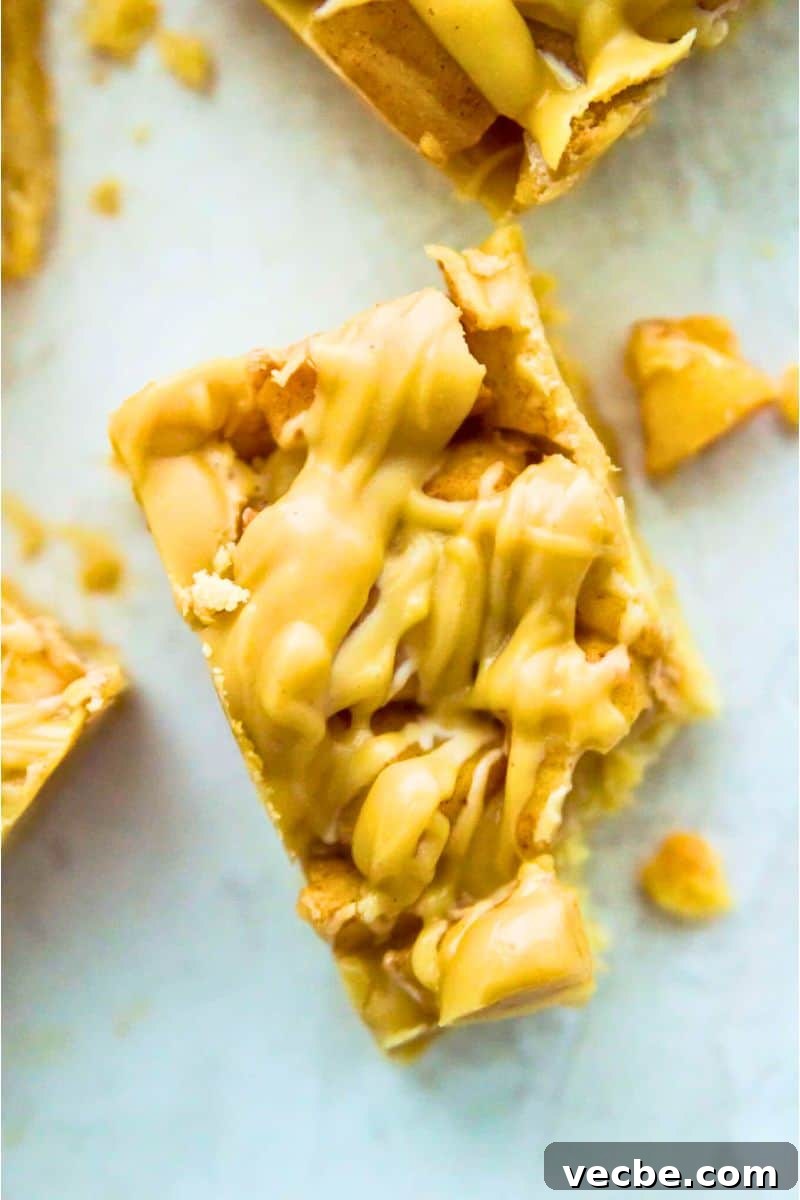 Apple Pie Bars Gluten Free Vegan and Paleo 2 A caramel apple pie bar with a bite taken out of it.