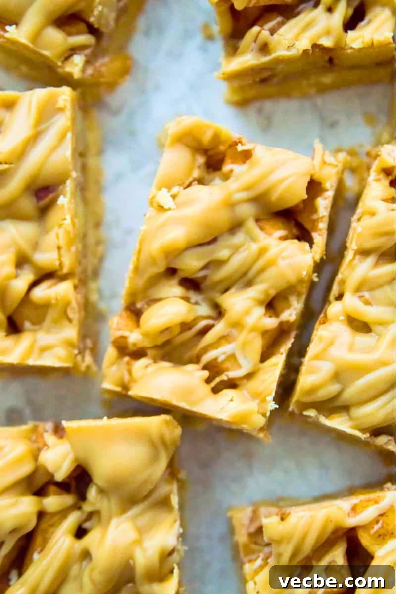 Apple Pie Bars Gluten Free Vegan and Paleo 12 A batch of apple pie bars with a caramel topping cut into squares.