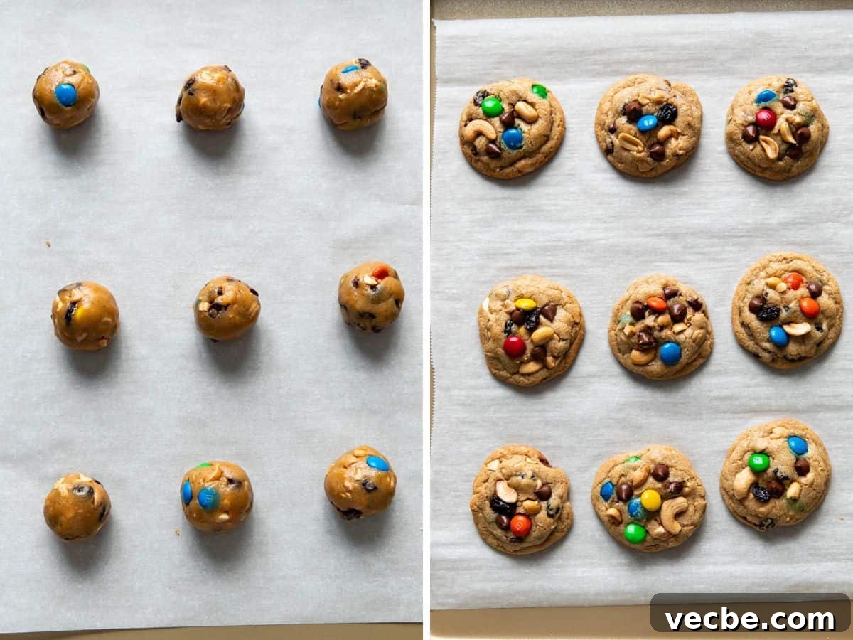 Trail Mix Cookies Recipe with Oats Nuts and Chocolate 6 trail mix cookies before and after baking on a cookie sheet.