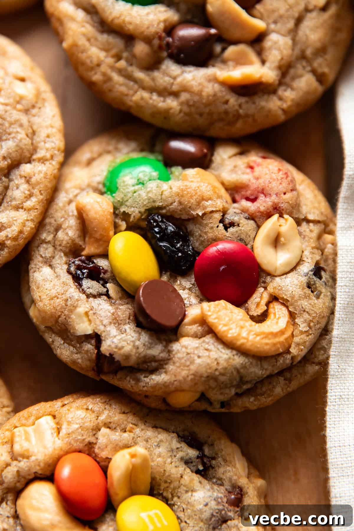 Trail Mix Cookies Recipe with Oats Nuts and Chocolate 7 up close of a trail mix cookie.