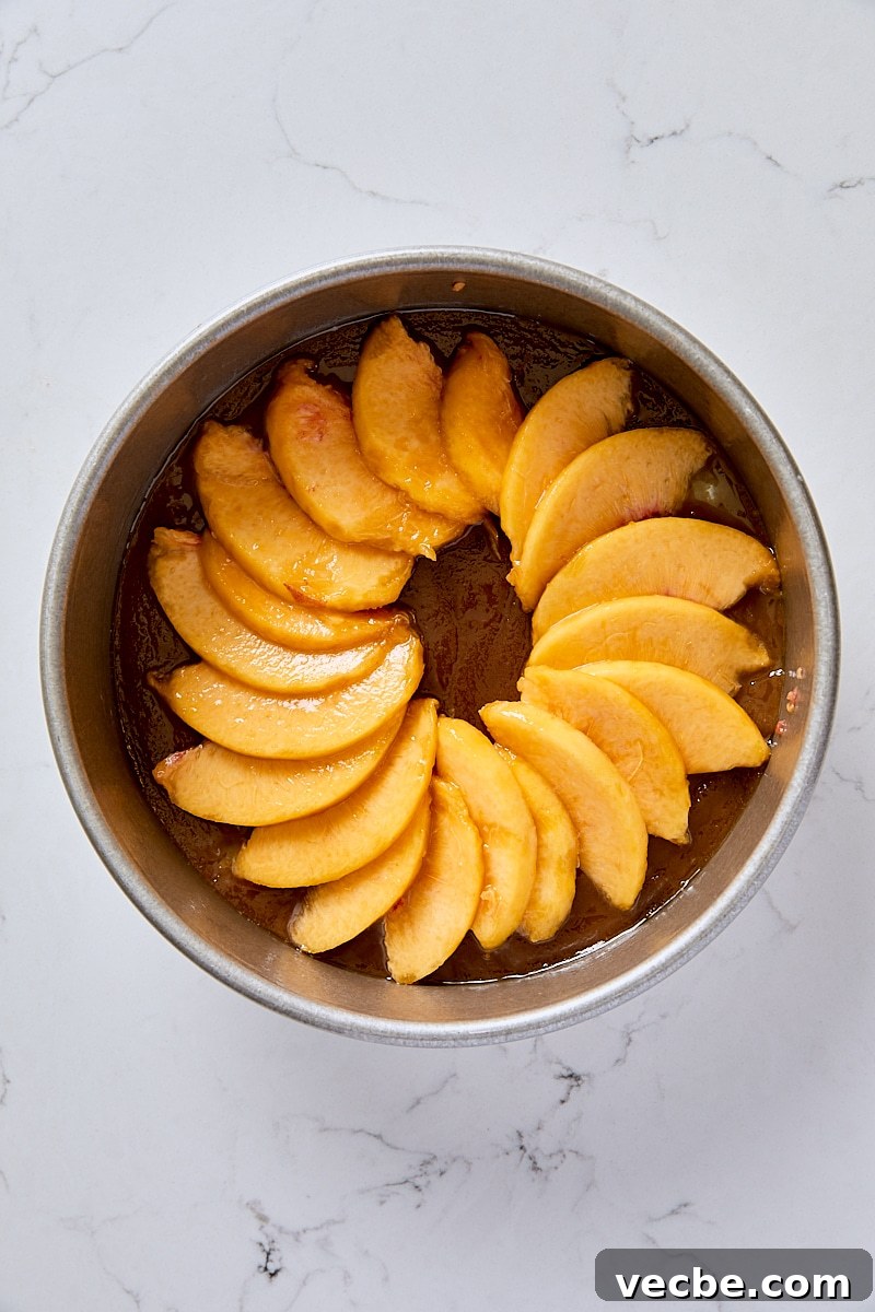From-Scratch Peach Upside-Down Cake Recipe 5 Fresh peach slices layered over brown sugar topping in round cake pan