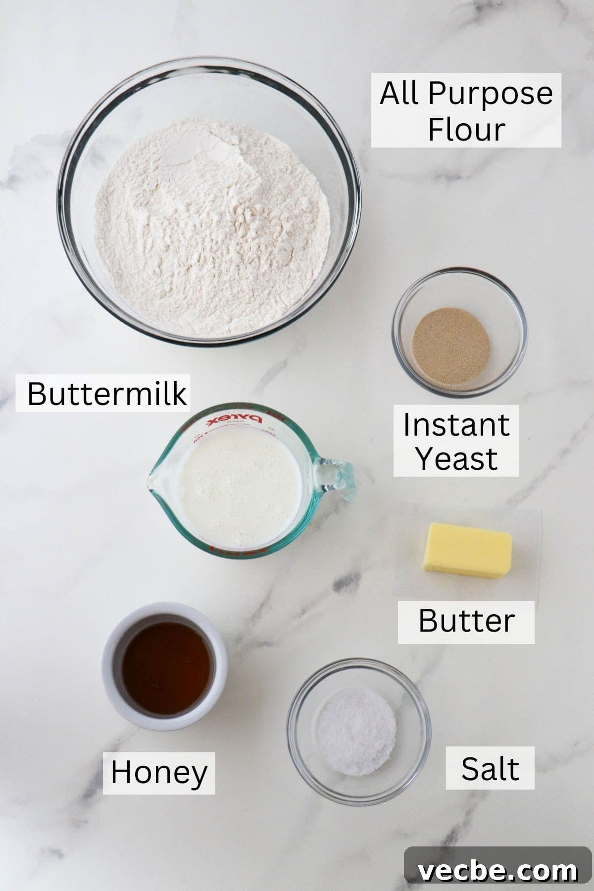 Homemade Soft and Tender Buttermilk Bread Recipe 3 Labeled ingredients for Soft and Tender Buttermilk Bread.