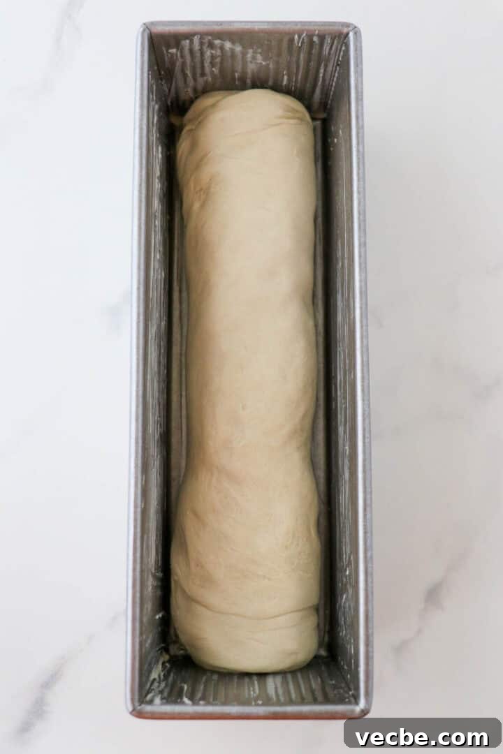 Homemade Soft and Tender Buttermilk Bread Recipe 8 Unbaked loaf of buttermilk bread in a loaf pan.