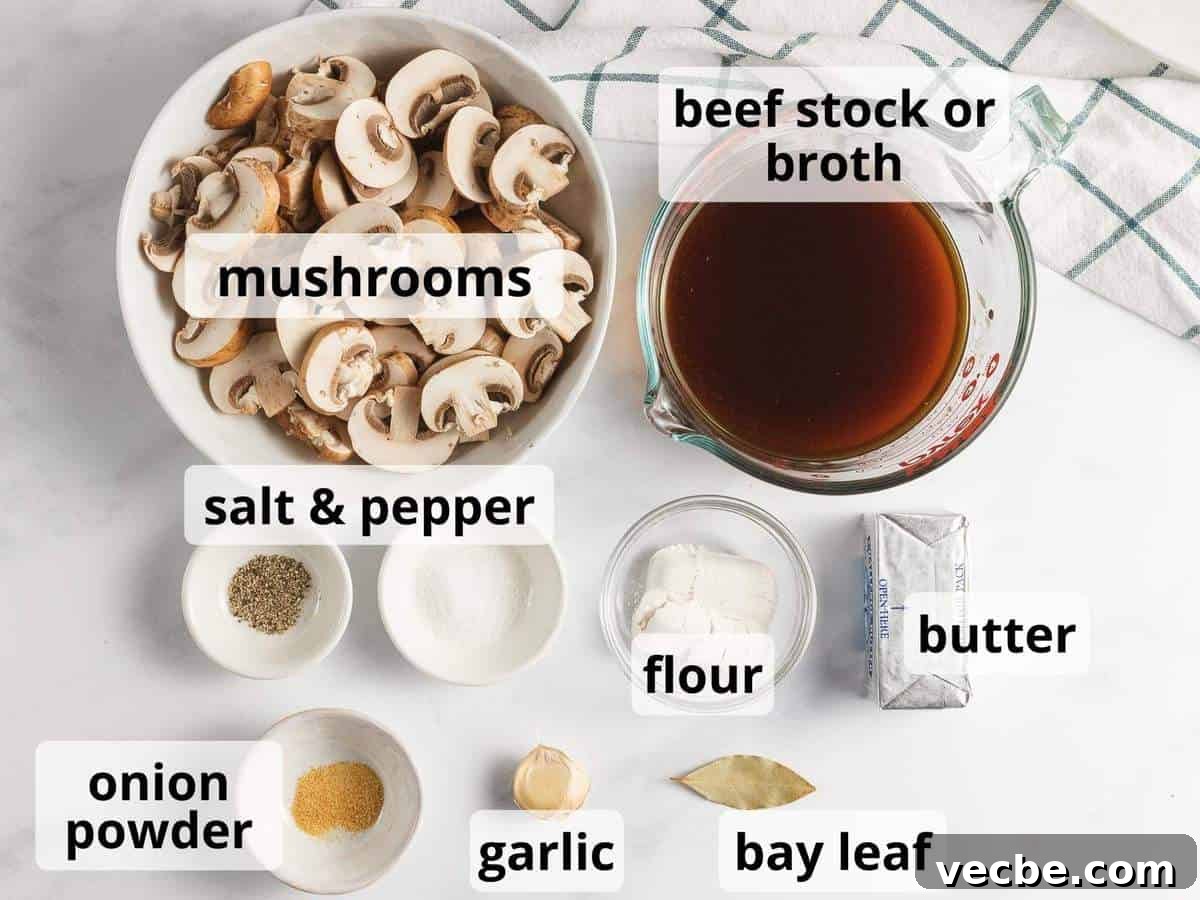 Homemade Mushroom Gravy Recipe for Roasts and Potatoes 3 Ingredients for mushroom gravy with text overlay.