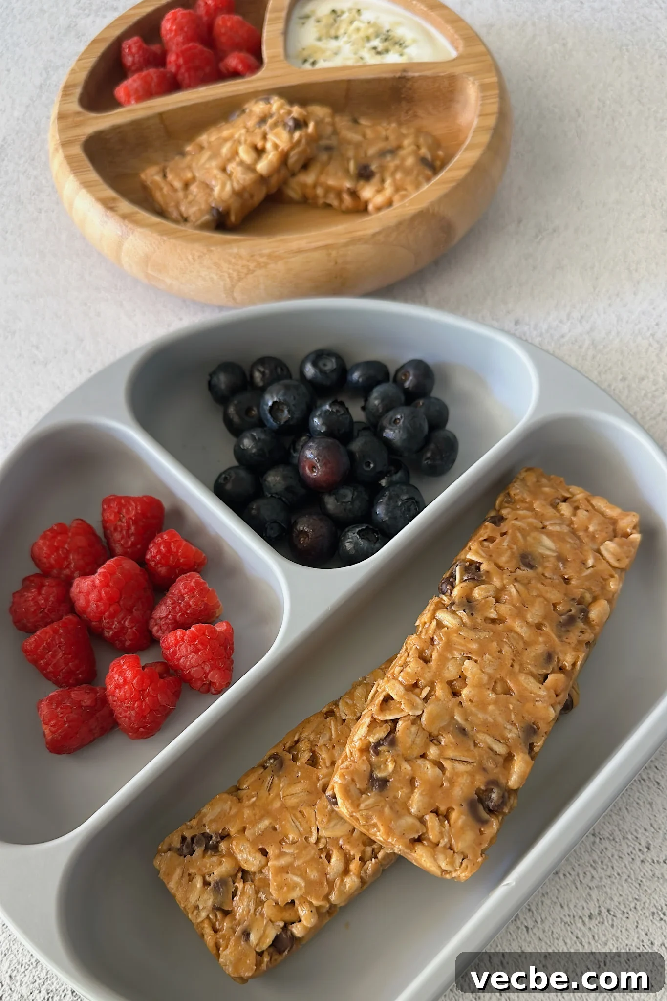Chewy Chocolate Chip Granola Bars Recipe 2 Chocolate chip chewy granola bars served with berries.