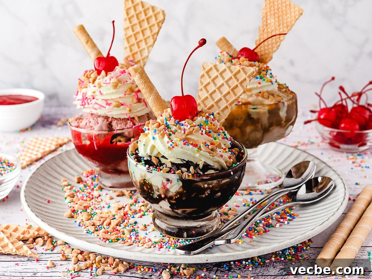 How to Make an Ice Cream Sundae: Recipes and Topping Ideas 2 Group of three sundaes, classic, strawberry and caramel, with whipped cream, nuts, sprinkles, wafers and cherry, on a plate with spoons, nuts and sprinkles.