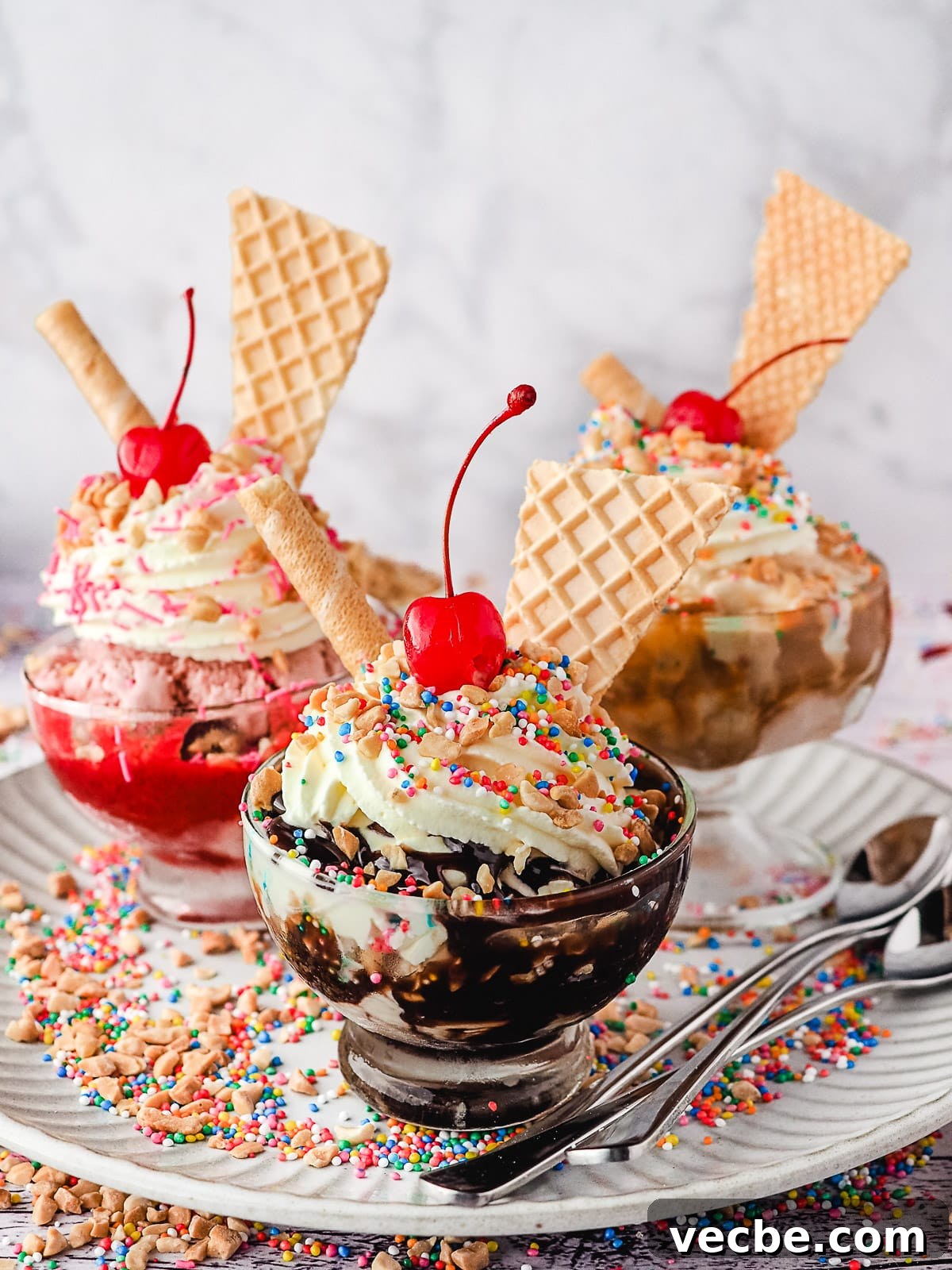 How to Make an Ice Cream Sundae: Recipes and Topping Ideas 9 Group of three sundaes, classic, strawberry and caramel, with whipped cream, nuts, sprinkles, wafers and cherry, on a plate with spoons, nuts and sprinkles.