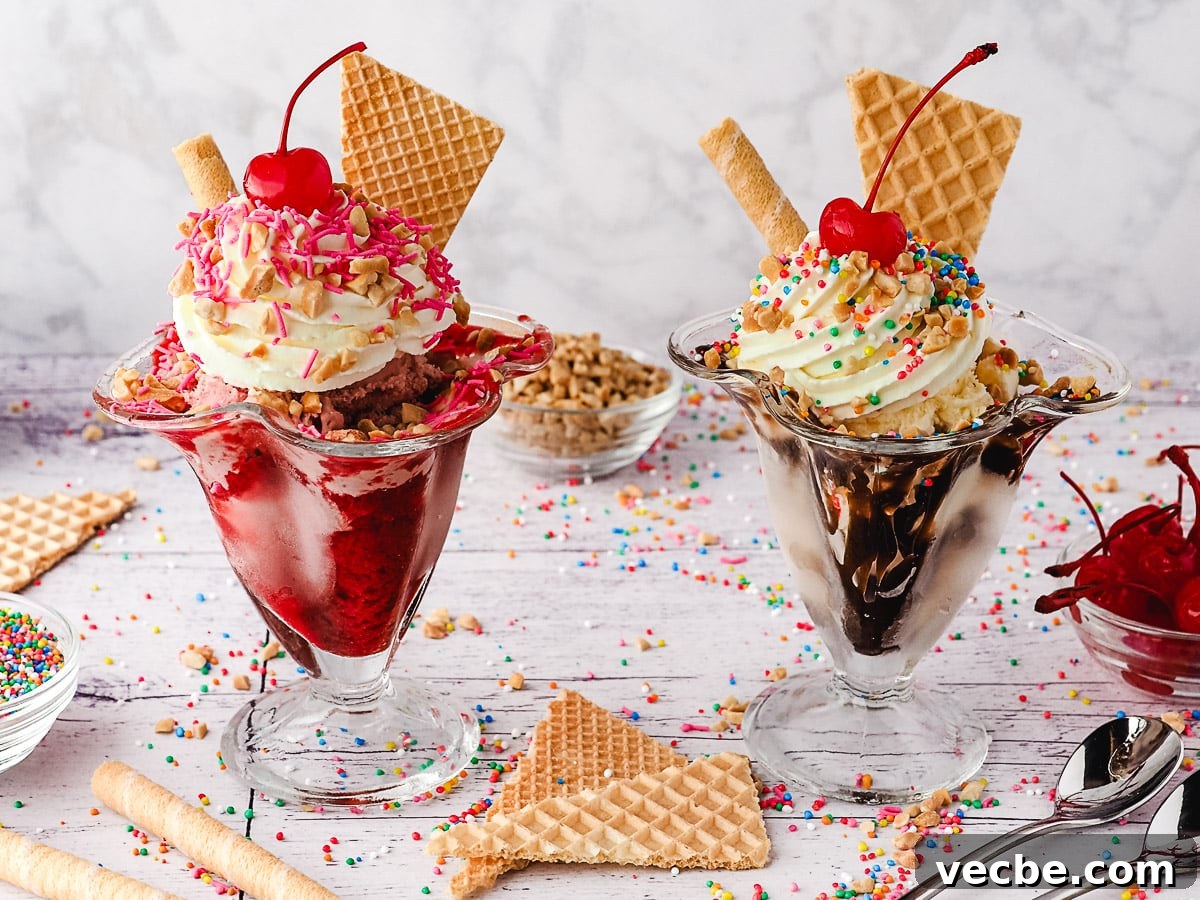 How to Make an Ice Cream Sundae: Recipes and Topping Ideas 3 Strawberry and classic sundaes in sundae cups, surrounded by sprinkles, wafers, spoons, nuts and maraschino cherries.