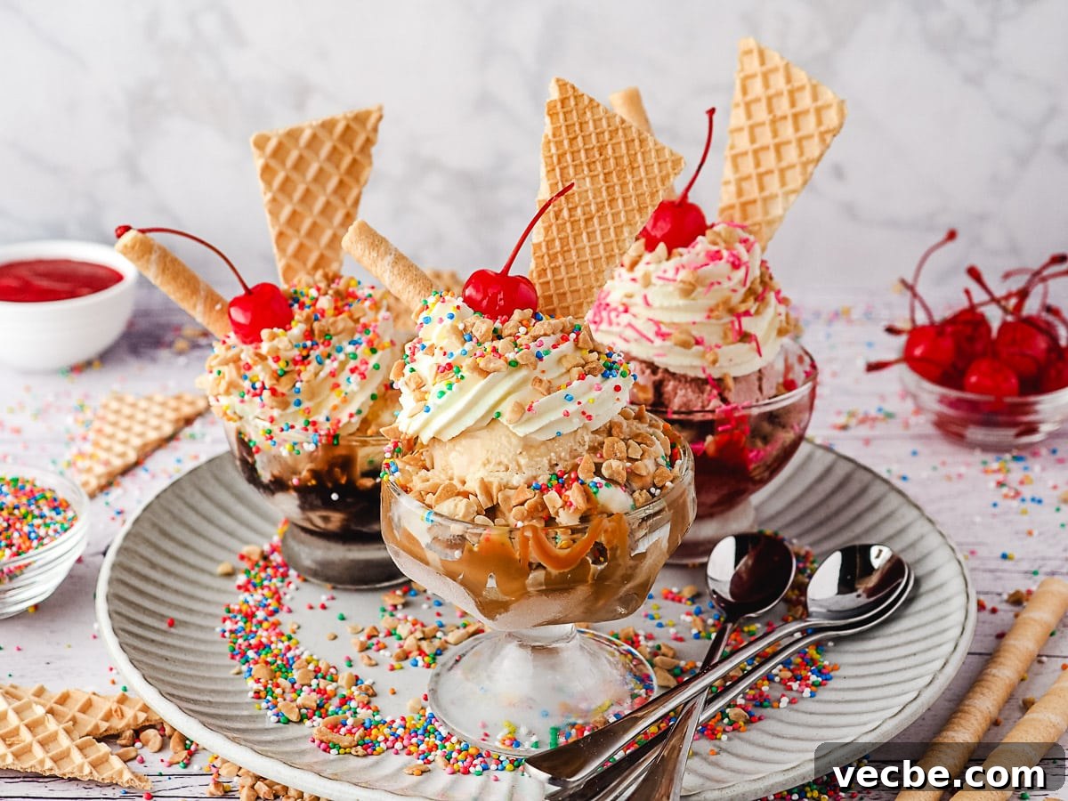 How to Make an Ice Cream Sundae: Recipes and Topping Ideas 4 Group of three sundaes, caramel, classic and strawberry, with whipped cream, nuts, sprinkles, wafers and cherry, on a plate with spoons, nuts and sprinkles.