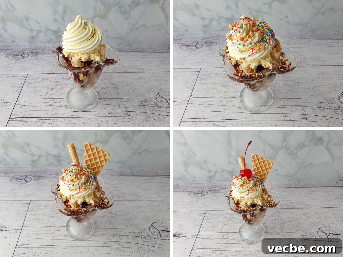 How to Make an Ice Cream Sundae: Recipes and Topping Ideas 6 Process shots: adding whipped cream swirl, sprinkles and chopped nuts, wafers and finally cherry on top.