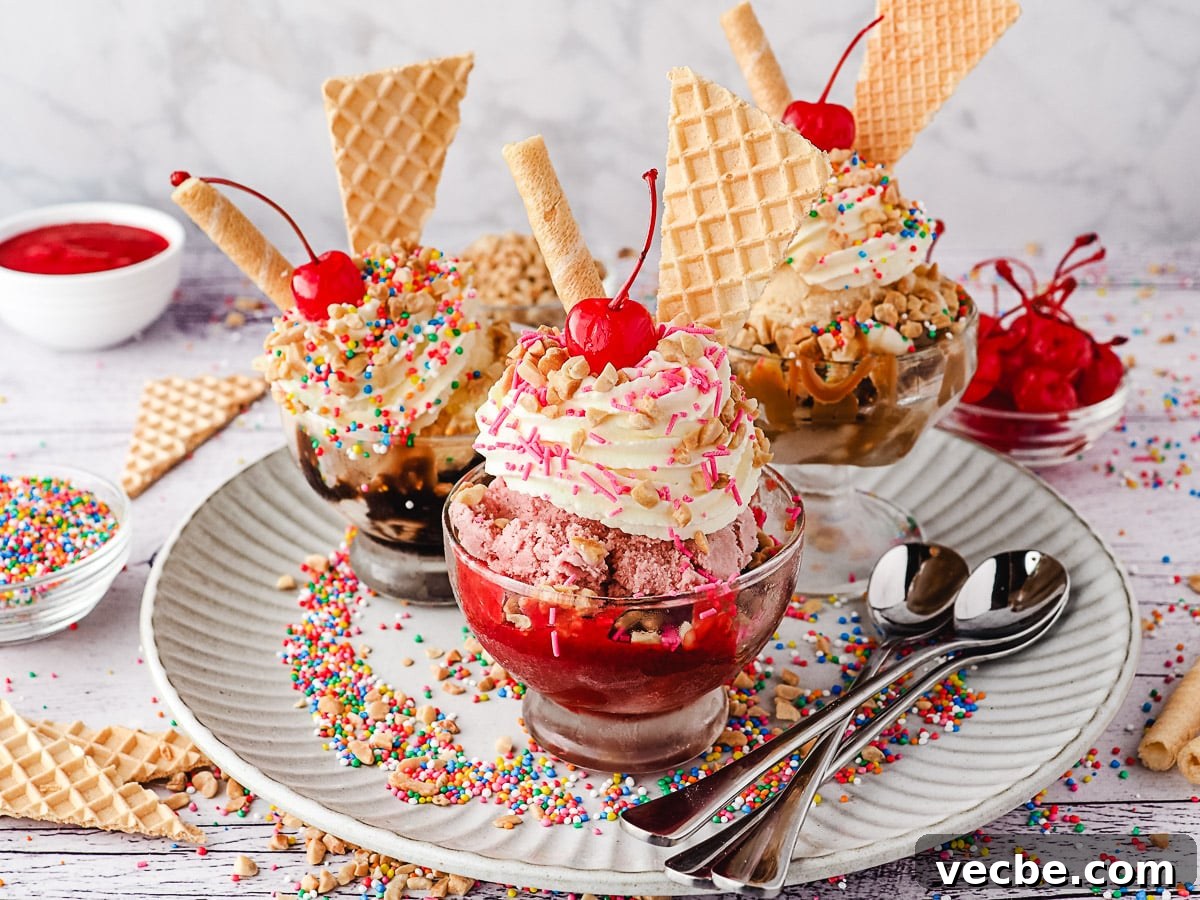 How to Make an Ice Cream Sundae: Recipes and Topping Ideas 7 Group of three sundaes, strawberry, classic and caramel, with whipped cream, nuts, sprinkles, wafers and cherry, on a plate with spoons, nuts and sprinkles.