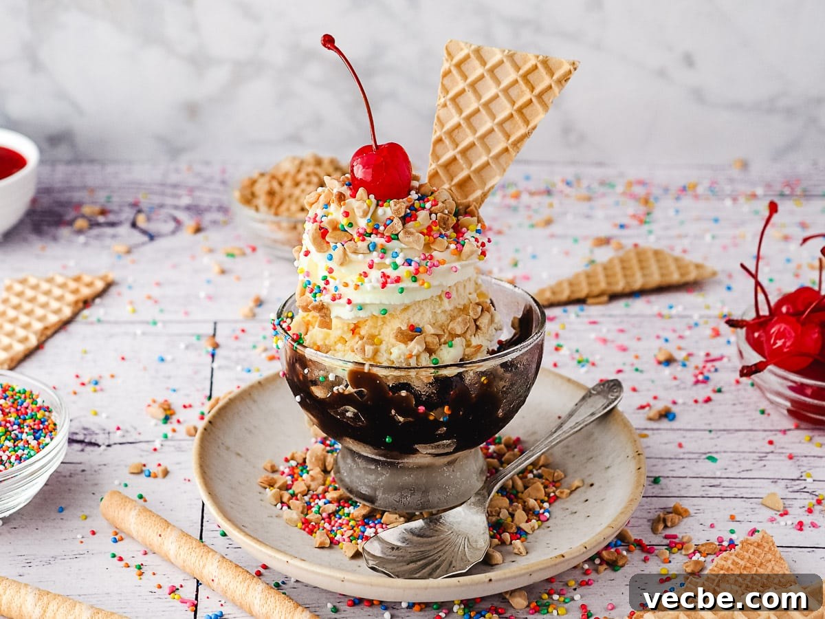 How to Make an Ice Cream Sundae: Recipes and Topping Ideas 8 Classic sundaes in a cup, surrounded by sprinkles, wafers, spoons, nuts and maraschino cherries.