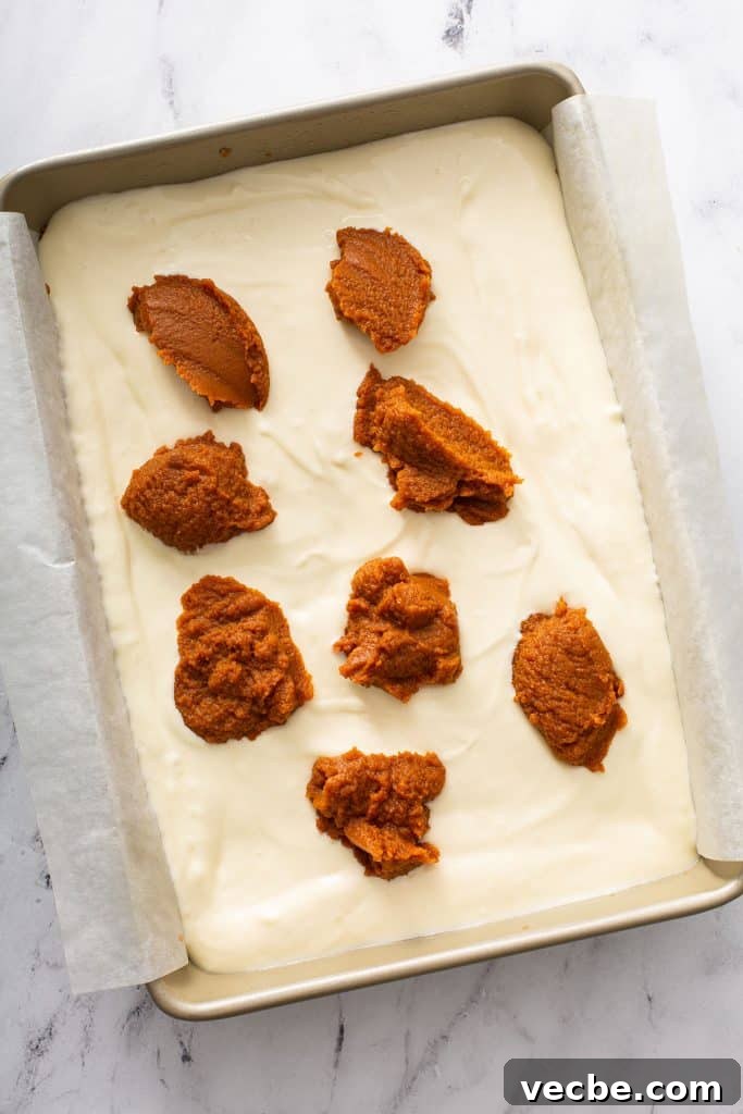 Pumpkin Cheesecake Bars with Creamy Swirl 10 Cheesecake filling topped with spoonfuls of pumpkin butter.