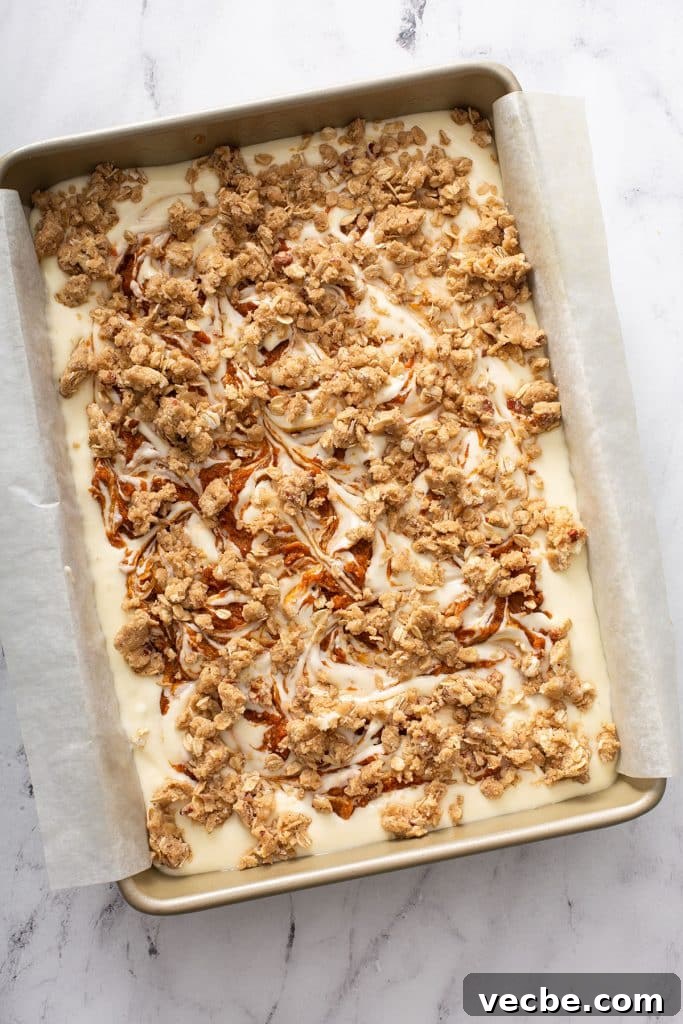 Pumpkin Cheesecake Bars with Creamy Swirl 12 Oat and pecan streusel sprinkled over pumpkin cheesecake.
