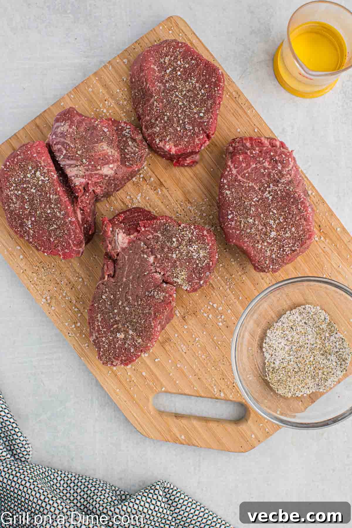 Grilled Filet Mignon Recipe: Tender, Juicy Steak 4 Season the steaks on the cutting board