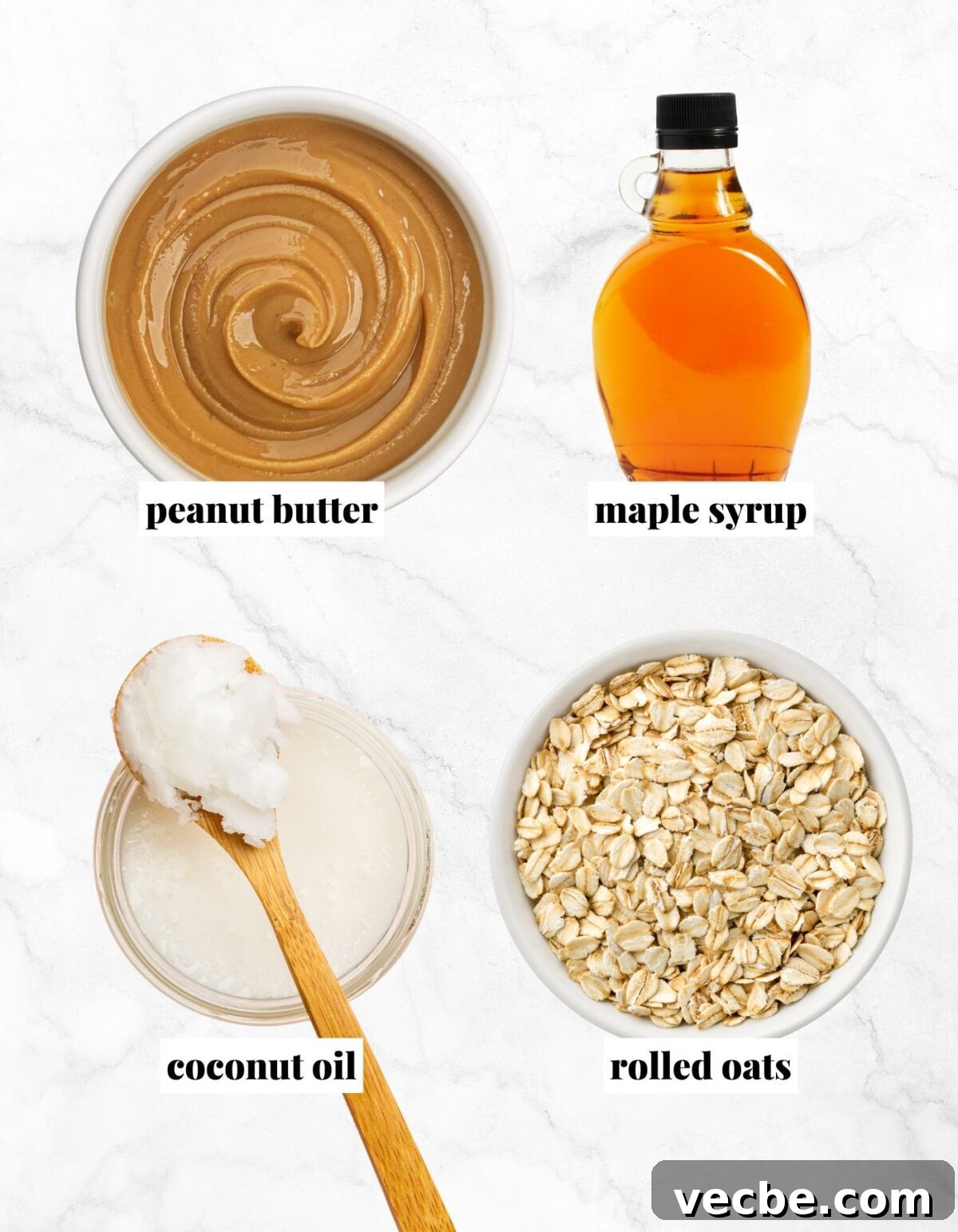 Homemade Peanut Butter Granola Recipe 3 Bowl of peanut butter, jar of maple syrup, jar of coconut oil and bowl of oats with text labels.