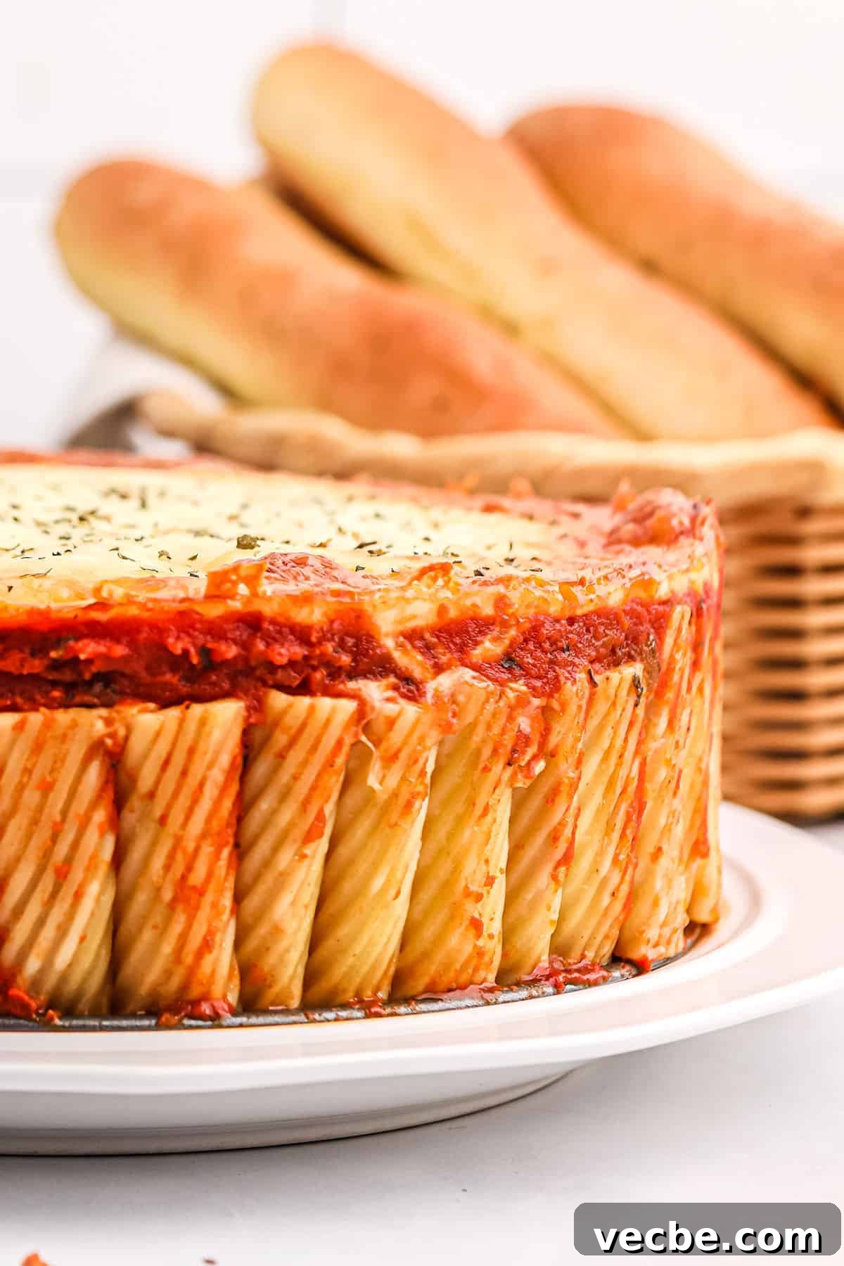 Rigatoni pie with marinara sauce and mozzarella cheese rigatoni pie with melted cheese on top