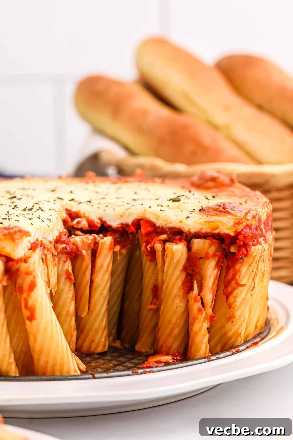 Baked rigatoni pie with mozzarella cheese baked rigatoni pie with melted cheese