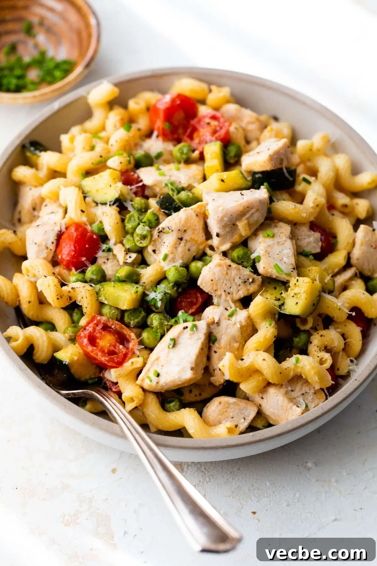 Chicken Pasta Primavera with Fresh Spring Vegetables 2 chicken pasta primavera in a bowl with a fork