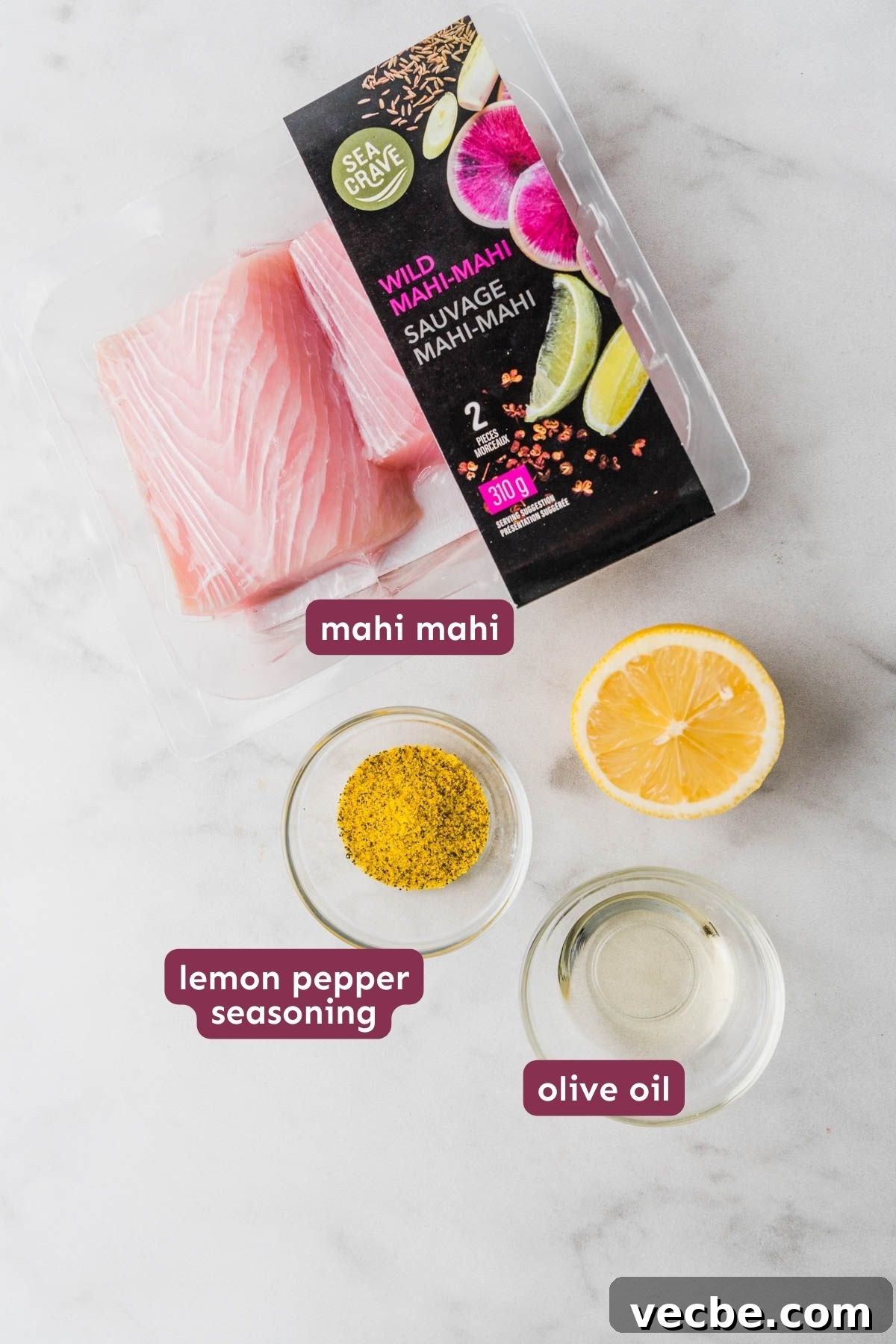 Air Fryer Mahi Mahi with Lemon Garlic 3 ingredients for air fryer mahi mahi on a white background.