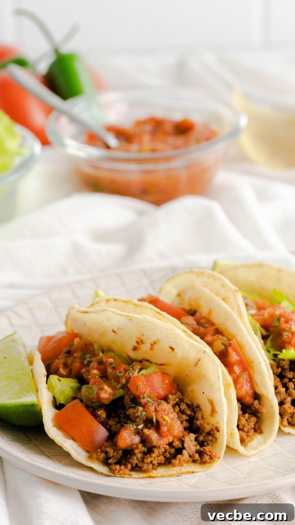 Restaurant-Style Ground Beef Tacos Recipe 4 Three restaurant-style ground beef tacos on a decorative plate with red salsa in the background.