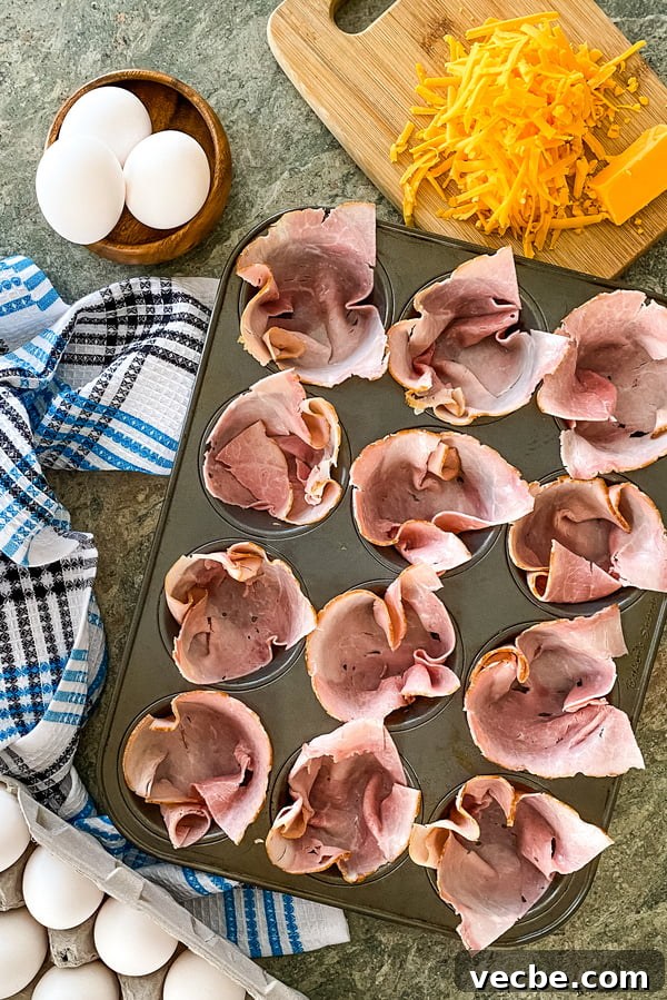 Ham and Egg Breakfast Cups Recipe 3 the ingredients for ham and egg cups with cheddar cheese
