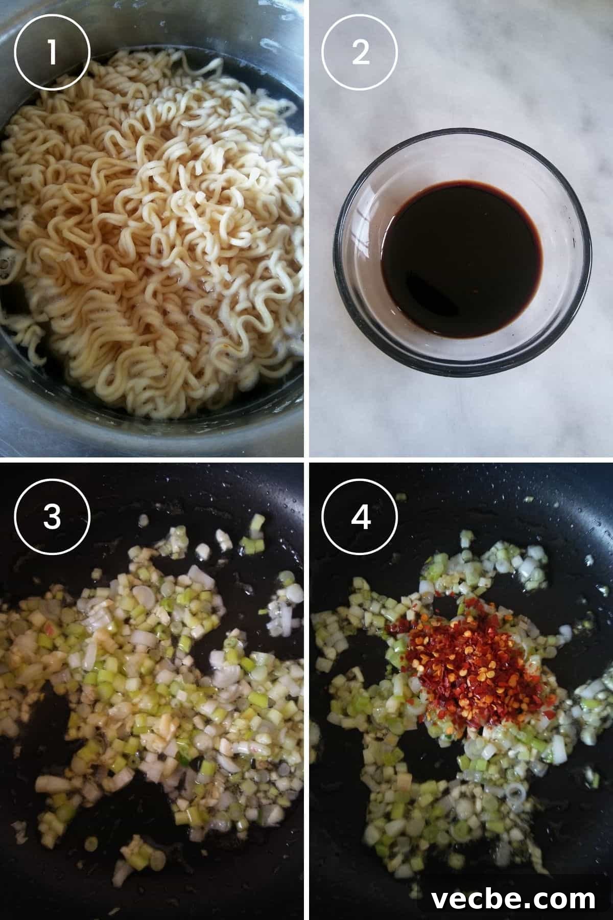 10-Minute Spicy Ramen Recipe 4 Cooking steps: boiling noodles, sauce mix, sautéing aromatics.
