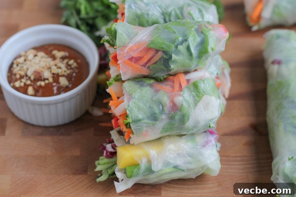 Asian Spring Rolls for Entertaining and Party Appetizers 2 Vietnamese-style Asian spring rolls served with homemade peanut sauce