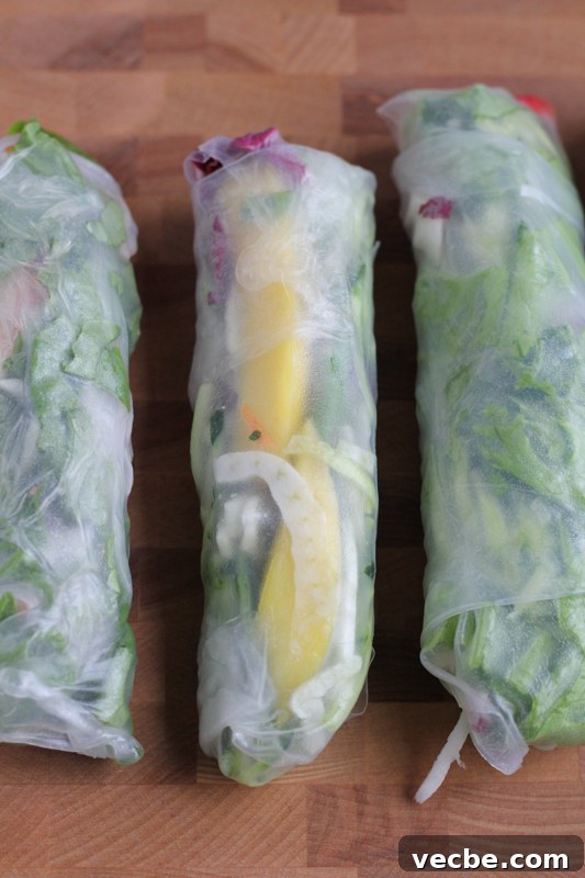 Asian Spring Rolls for Entertaining and Party Appetizers 4 Colorful spring rolls with mango, fennel, spinach, and herbs