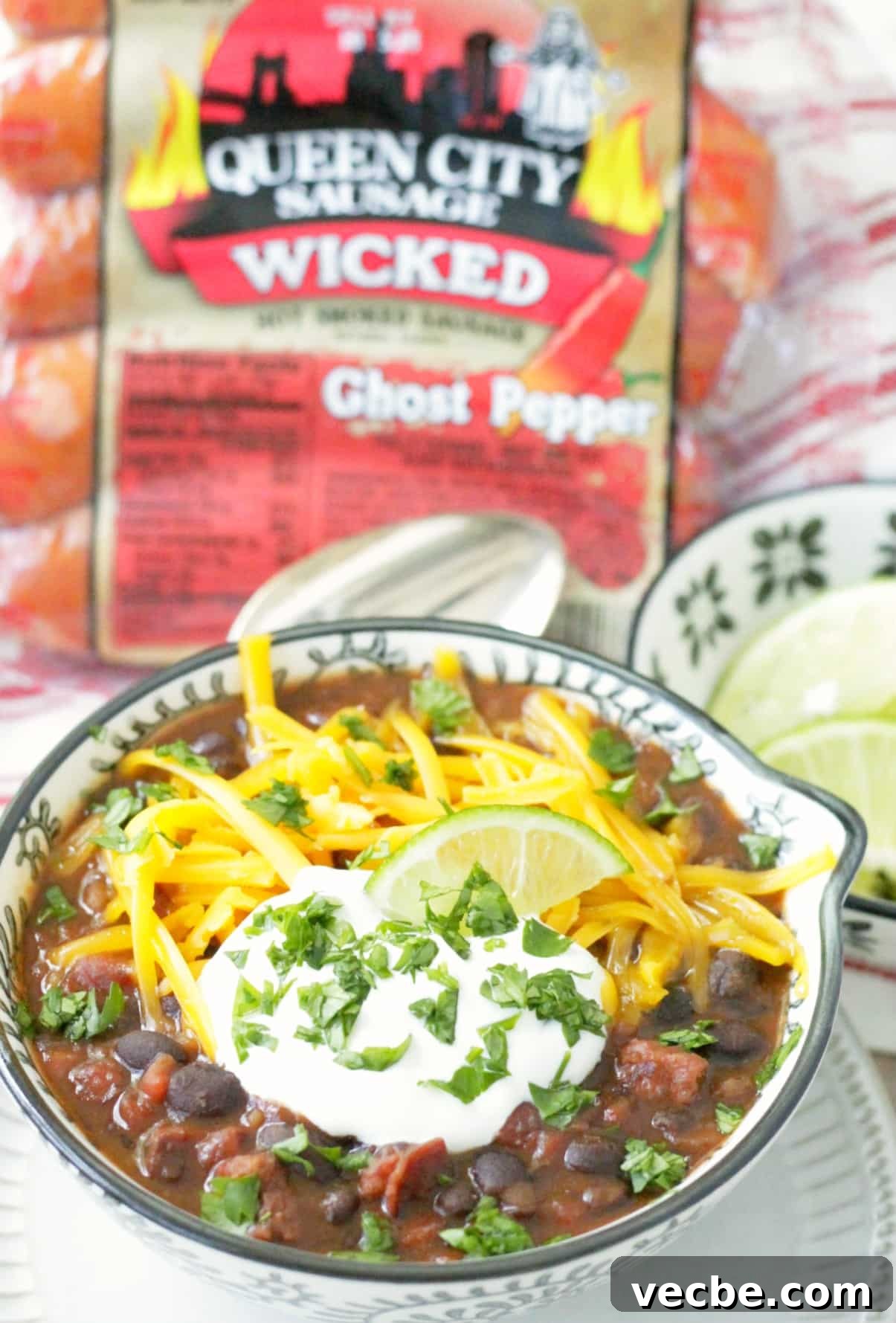 Fiery Black Bean and Ghost Pepper Sausage Soup Recipe 3 bowl of wicked black bean and ghost pepper sausage soup with package of queen city sausage