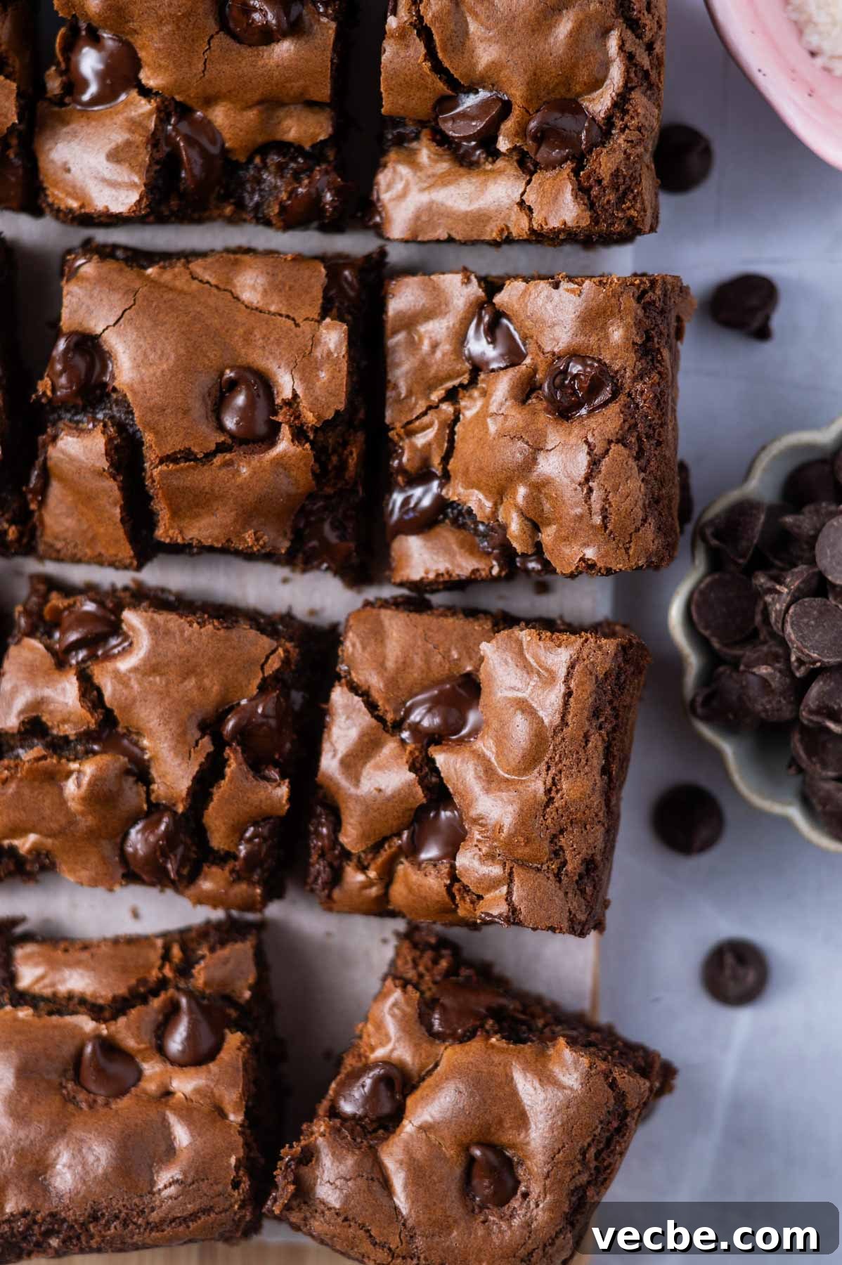 One-Bowl Double Chocolate Chip Bars 11 cookie bar squares with a bowl of chocolate chips and flaky sea salt