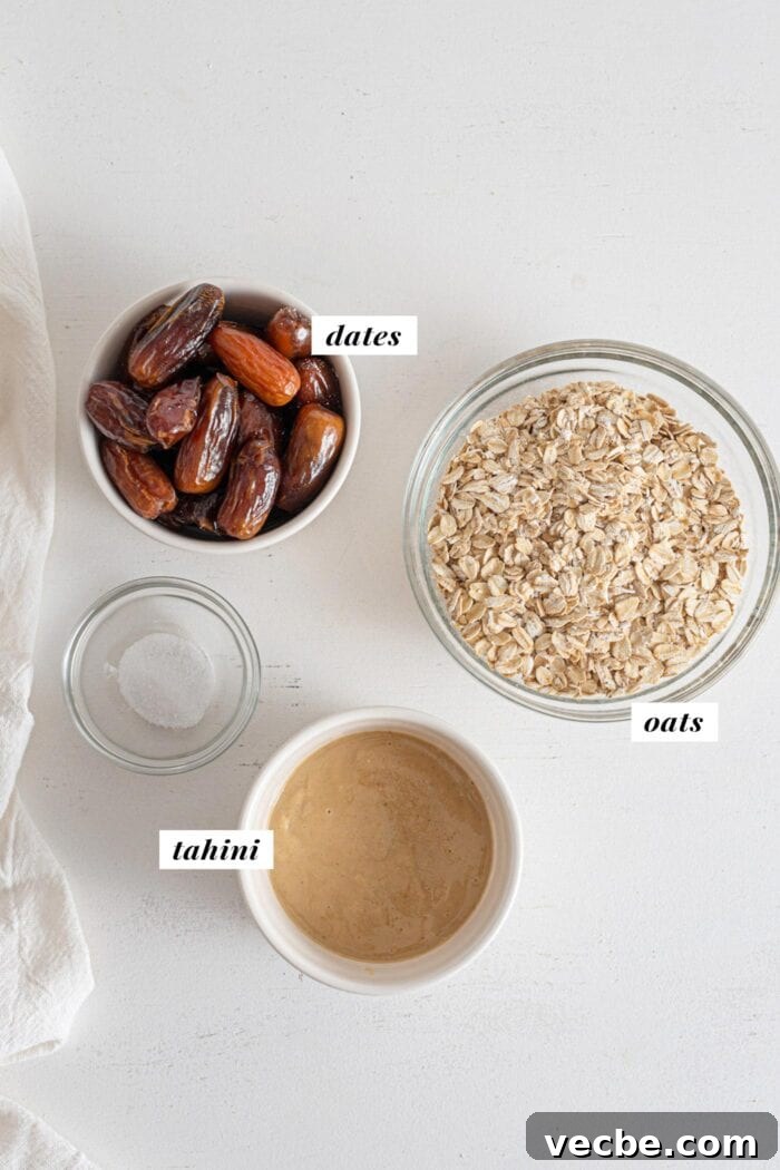 Vegan Tahini Date Cookies Recipe 3 Oats, dates and tahini in bowls. Text overlay labels each ingredient.