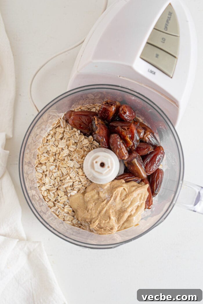 Vegan Tahini Date Cookies Recipe 4 Oats, dates and tahini in a food processor.