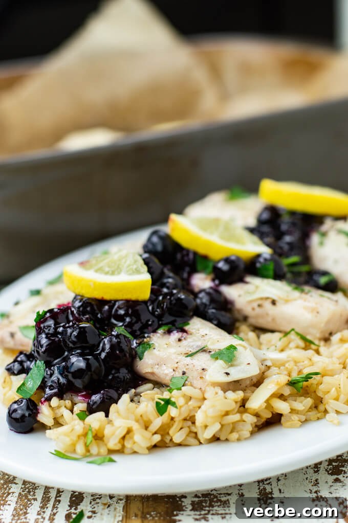 Baked Mahi Mahi with Fresh Blueberry Sauce 2 Three pieces of baked mahi mahi sits atop a bed of brown rice with blueberry sauce and lemon wedges.