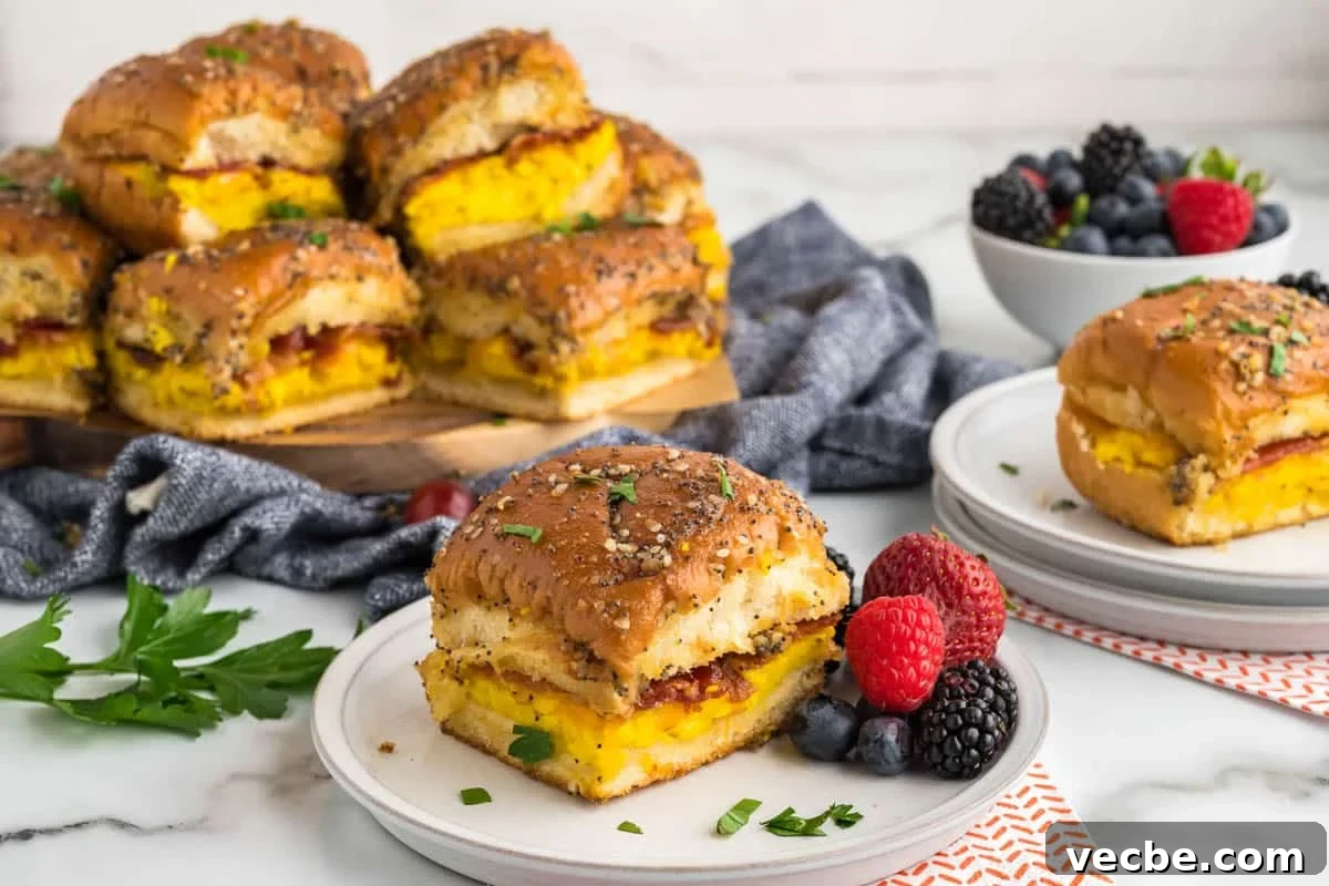 13 Juicy Slider Recipes with Bite-Sized Layers of Flavor 4 Hawaiian roll breakfast sliders with eggs bacon and cheese