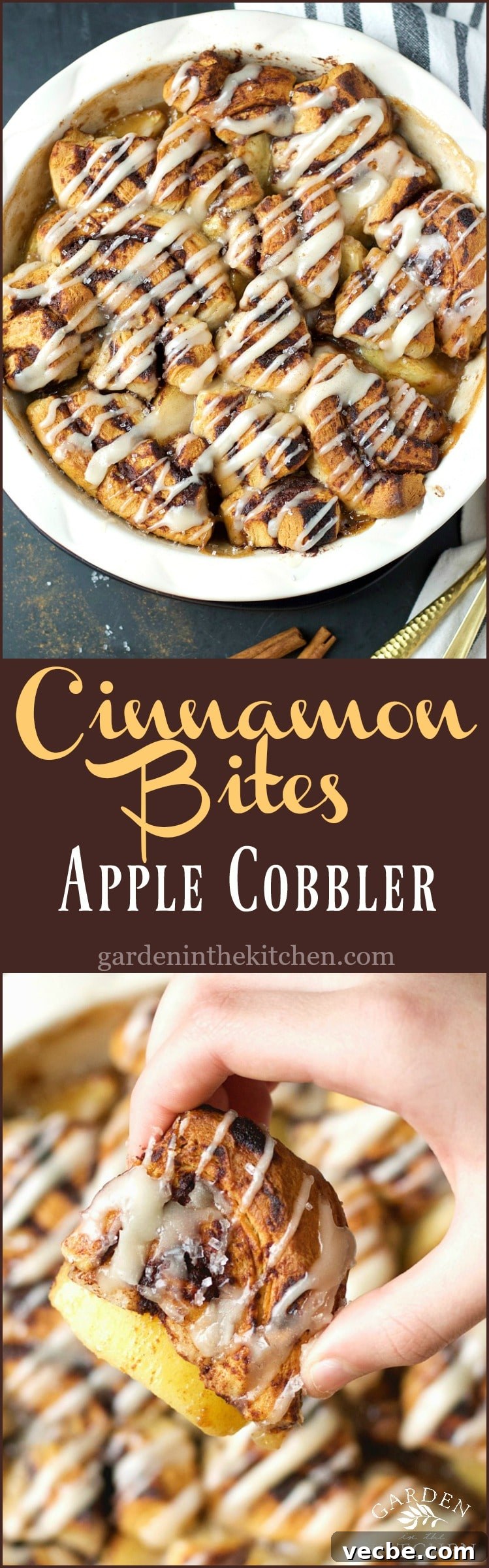 Mini Cinnamon Apple Cobbler Bites 7 Cinnamon Bites Apple Cobber in a white rimmed dish, striped dish towel, cutlery and cinnamon sticks.