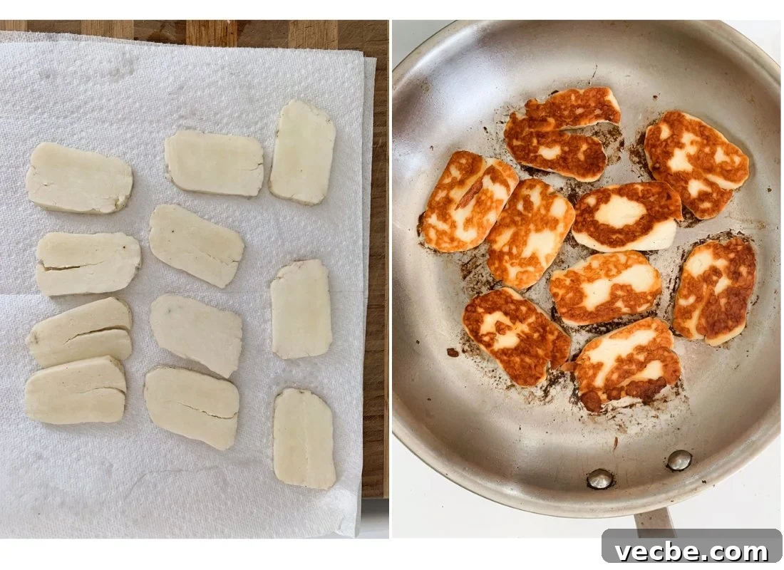 Grilled Halloumi Sandwich with Roasted Pepper and Spinach 3 A photo collage of halloumi cheese drying on paper towel and halloumi cheese frying in a pan.
