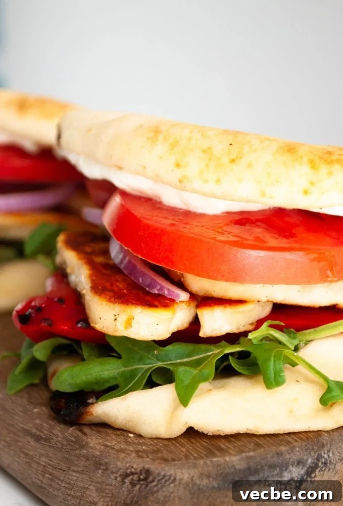 Grilled Halloumi Sandwich with Roasted Pepper and Spinach 4 A side view of a halloumi sandwich on a cutting board.