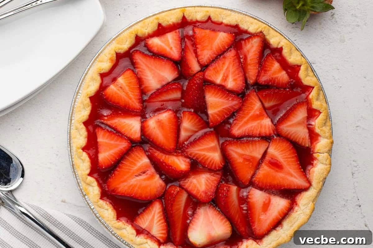 No Bake Strawberry Jello Pie Recipe 3 overhead view of a strawberry jello pie in a glass pie pan.