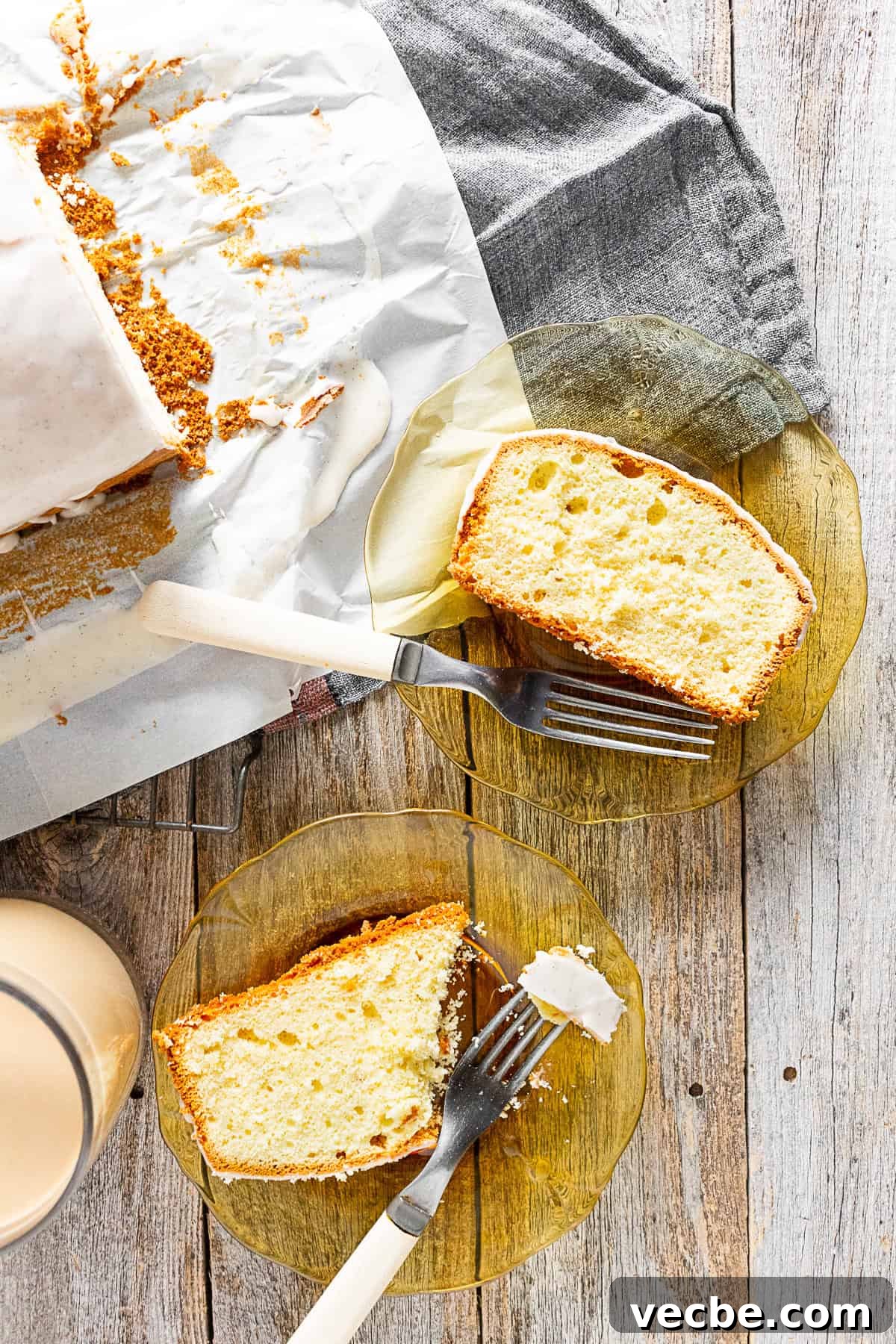 Classic Vanilla Lemon Pound Cake Recipe 3 Vanilla Lemon Pound Cake sliced on 2 yellow plates.