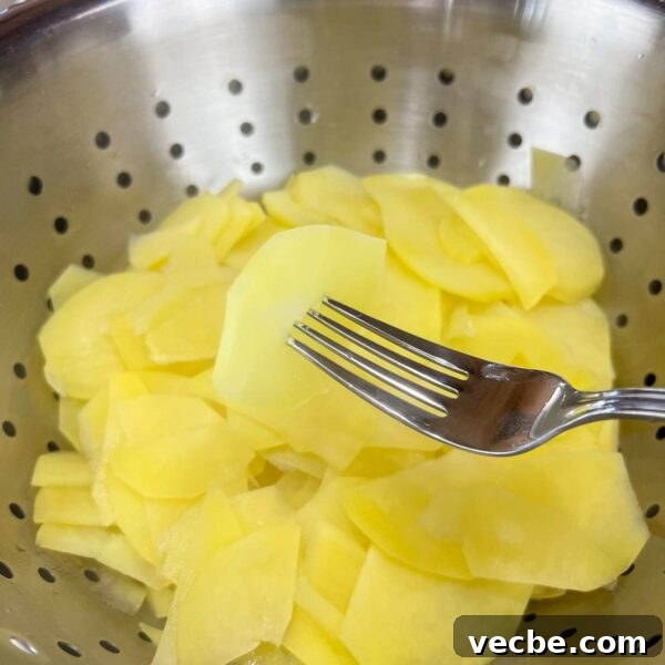 Dehydrate Potatoes: Oven and Dehydrator Methods for Storage 7 fork in blanched potato slice over colander