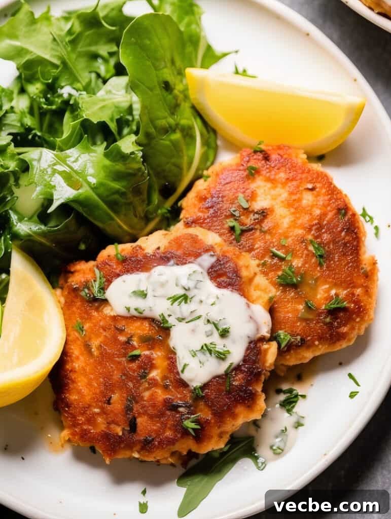 Crispy Salmon Patties with Fresh Herbs 2 crispy salmon patties served on a plate