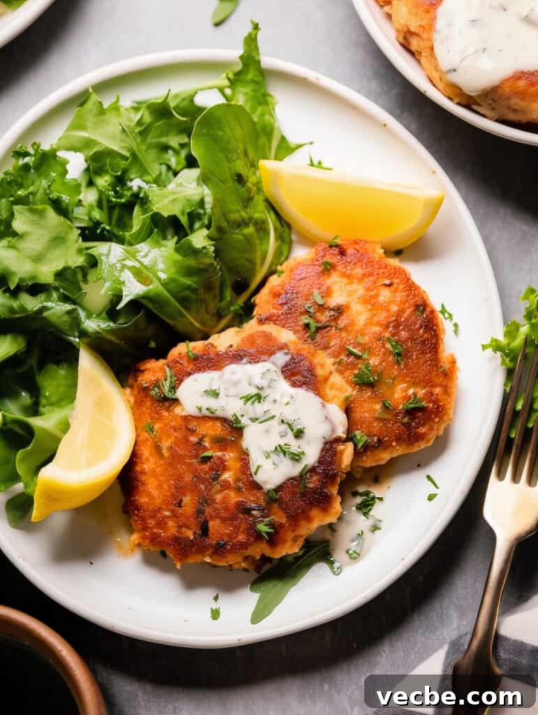 Crispy Salmon Patties with Fresh Herbs 5 golden salmon patties ready to serve