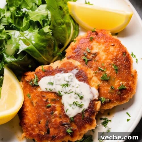 Crispy Salmon Patties with Fresh Herbs 7 a white plate of crispy salmon patties with sauce, lettuce, and lemon